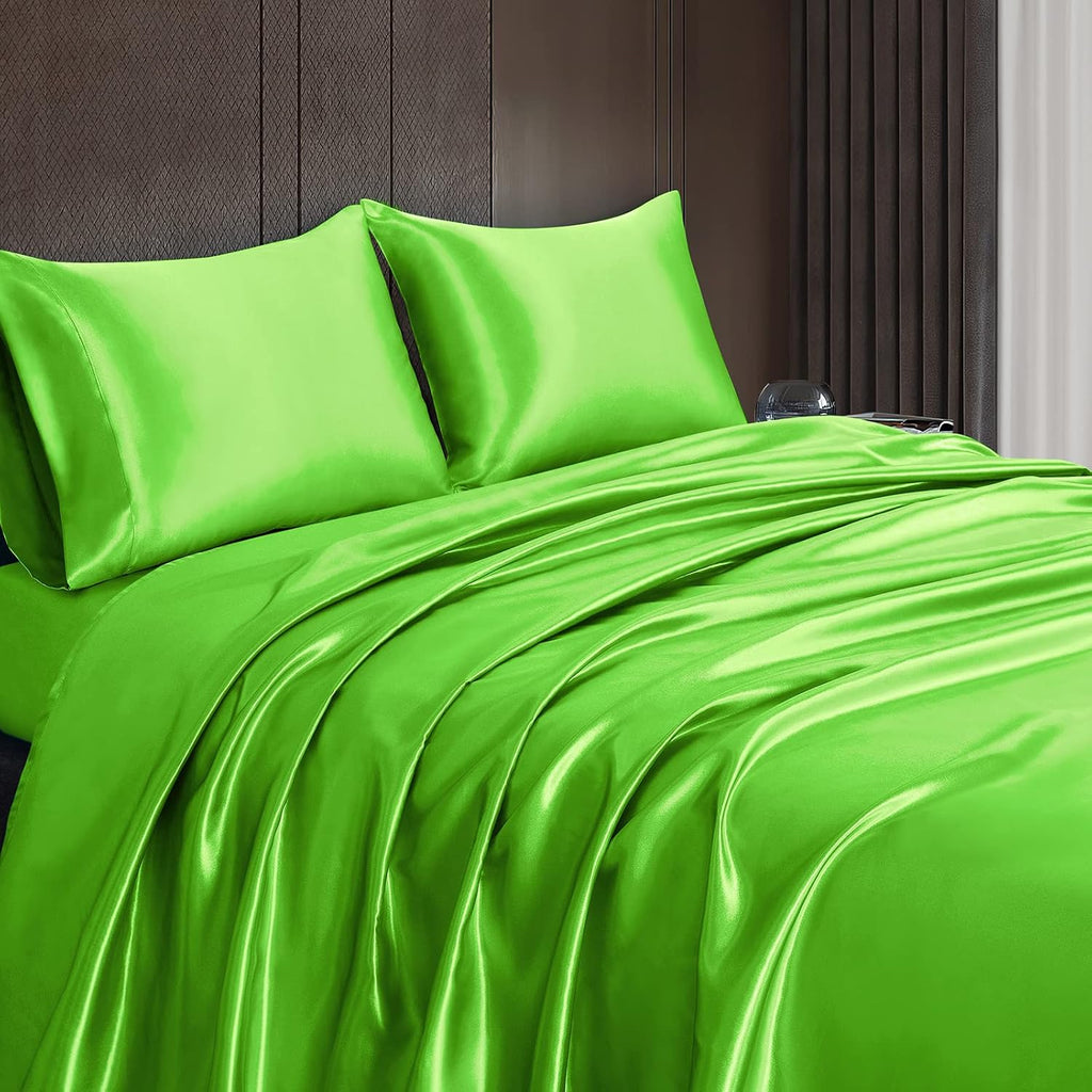 Twin XL Size 4-Piece Sheet Set Premium Mulberry Silk Bed Sheets Set Fits 14-16' Deep Pocket - Luxurious Soft Silk (Solid, Fruit Green)