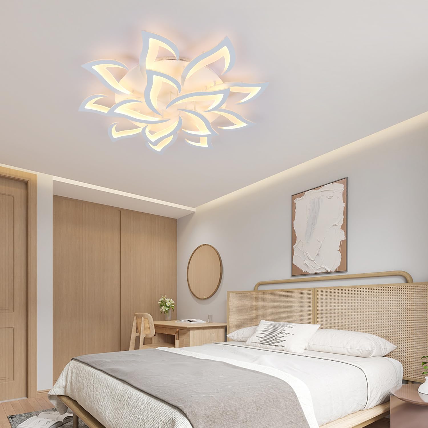 Goeco Modern Ceiling Light, LED Dimmable White 14-Petals Acrylic Flower Design Flush Mount Ceiling Light, 3000K-6500K with APP/Remote Control for Living Room, Dining Room, Kitchen