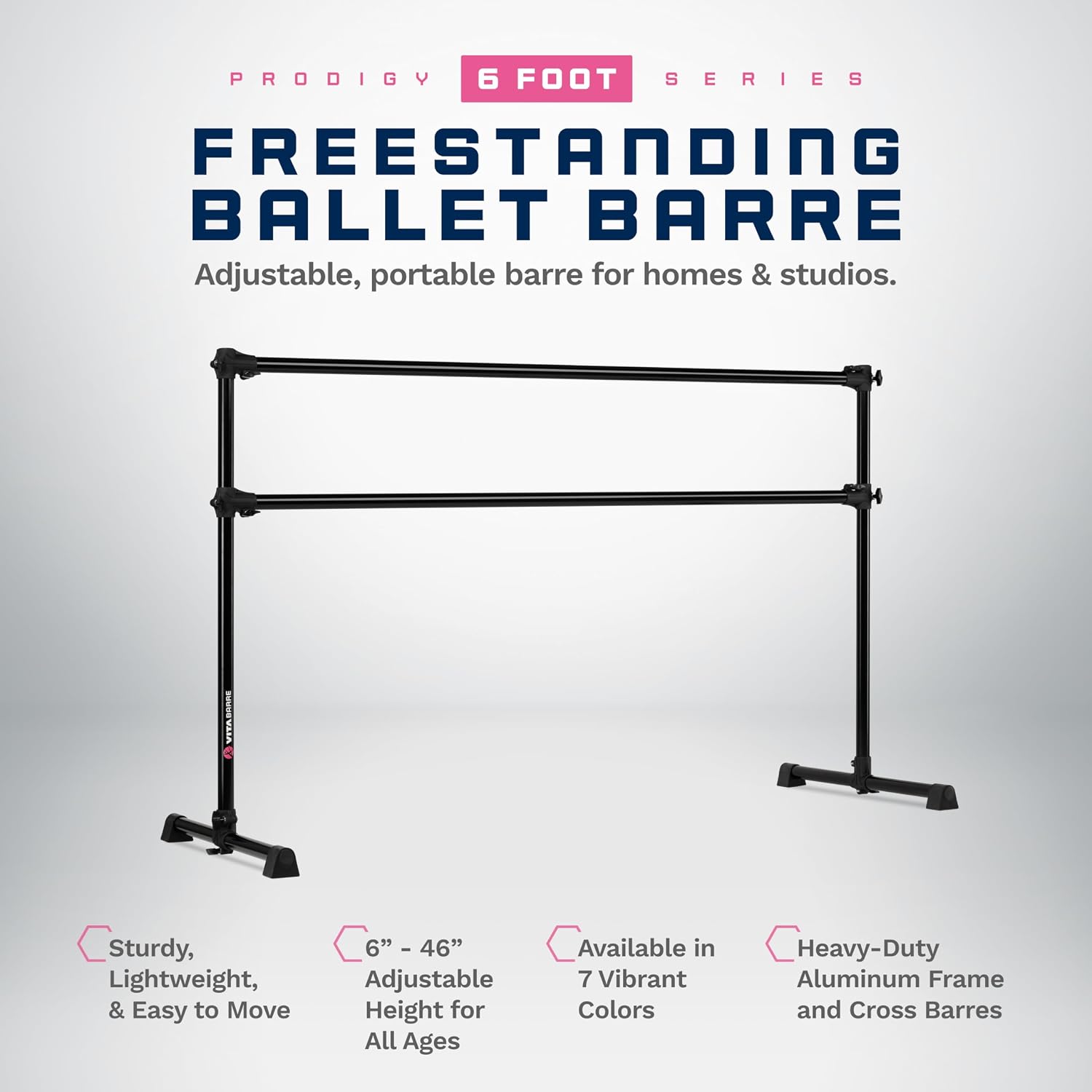 VITA Barre Portable Freestanding Double Ballet Barre, Prodigy, Aluminum | Adjustable Height, USA Made, Home or Gym Exercise Equipment for Kids & Adults | Dance, Fitness, Pilates