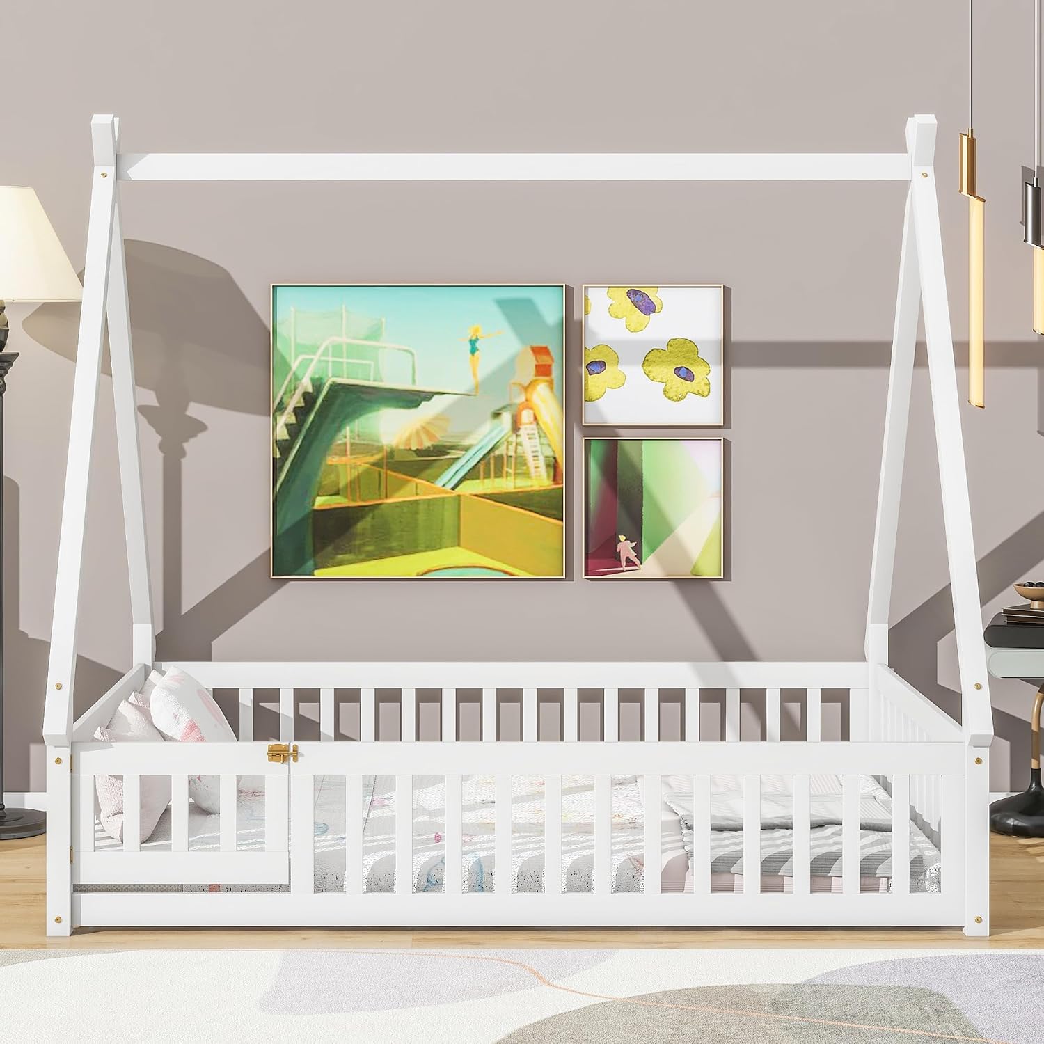 JIVOIT Full Size Tent-Shaped Floor Bed with Door, House Platform Bed Tent Bed Frame with Fence-Shaped Guardrails and Wood Slats Support, Wood Floor Play House Bed for Kids Boys Girls Teens (White,2)