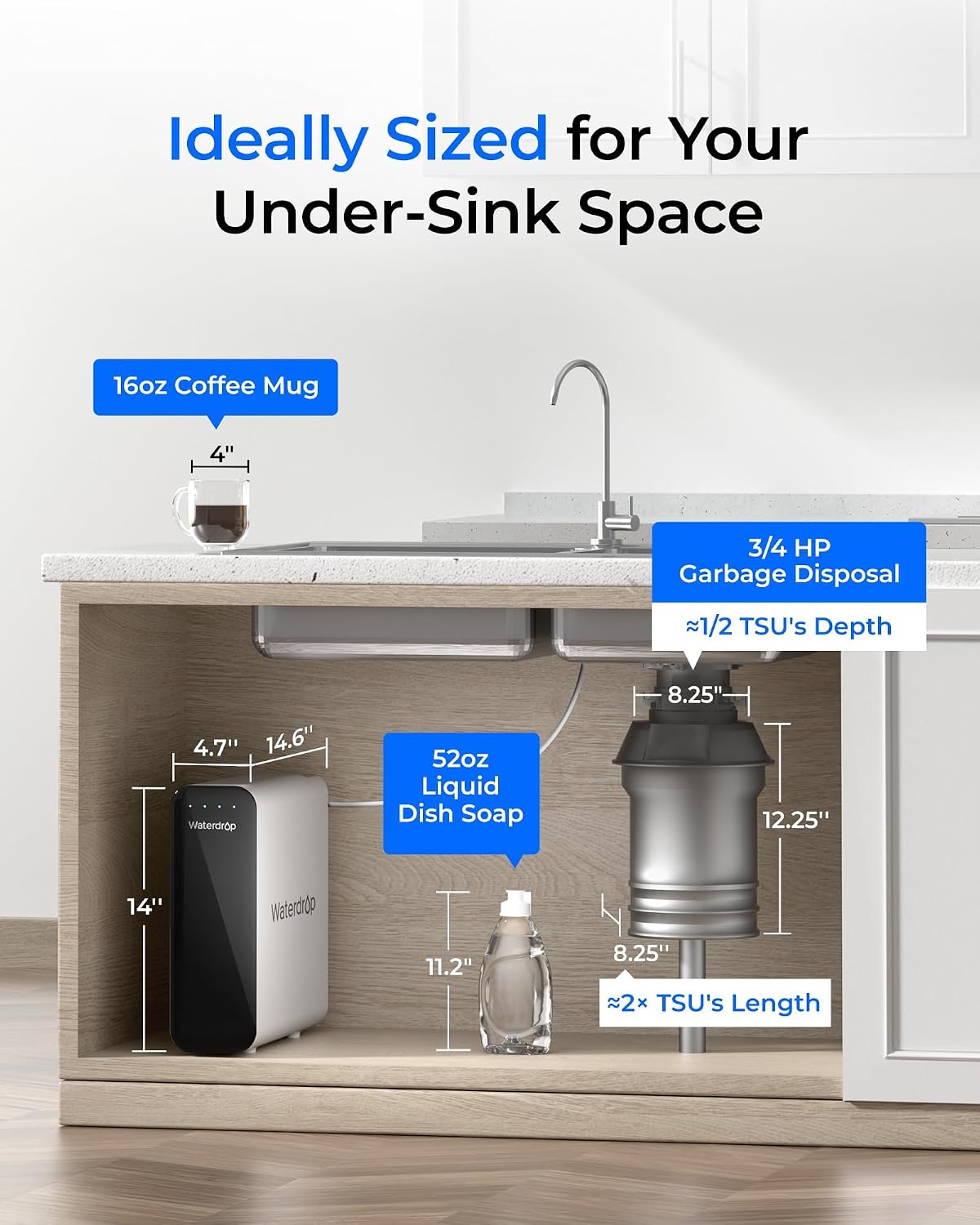 Waterdrop TSU-WB 0.01μm Ultra-Filtration Under Sink Water Filter System, 3-Stage Tankless Undersink Water Filtration with Faucet, Smart Panel, Does not Lower TDS (𝙉𝙊𝙏 𝙍𝙊), Drilling Required