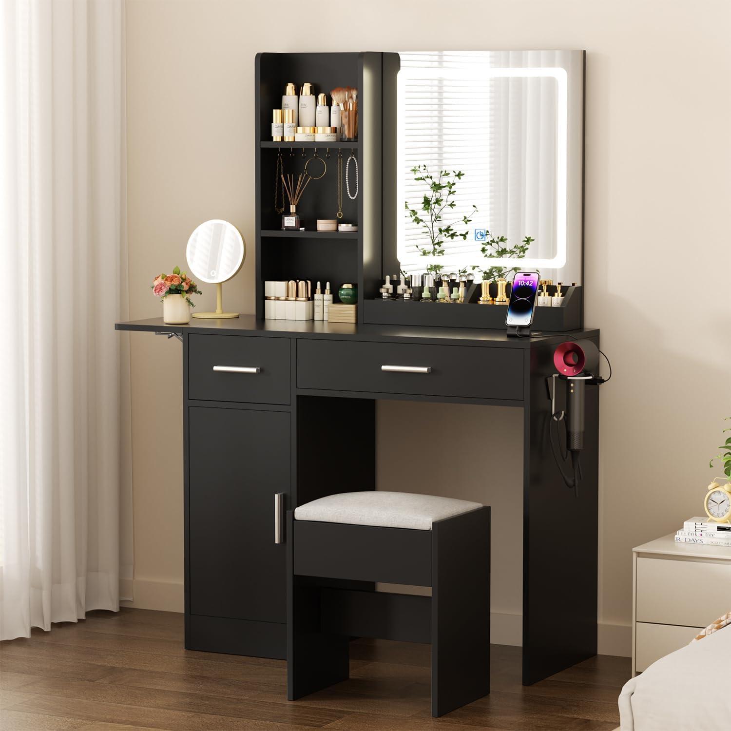 ERLEJIA Vanity Desk with Mirror and Lights & Extral Foldable Desk, 35.43' & 43.3' Makeup Vanity Table with Stool and Plug Outlet, 5 Drawers and Open Shelves Dressing Table for Bedroom,Black