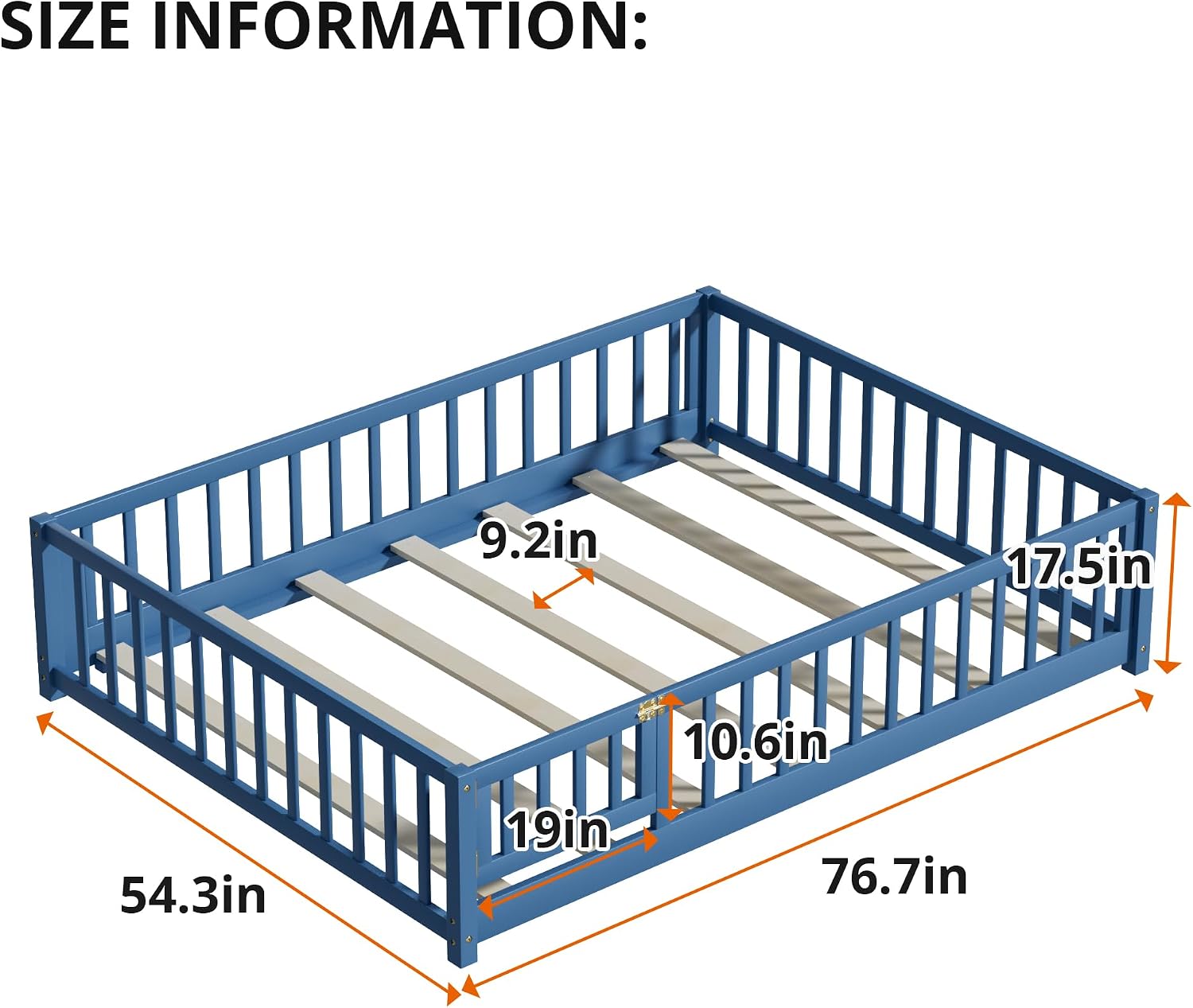 i-POOK Full Floor Bed Frame with Wood Slats, High Fence & Small Door, Pinewood Montessori Floor Bed for Girls and Boys, Mist Blue