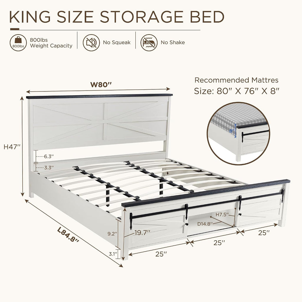JXQTLINGMU Farmhouse Wood Bed Frame King Size with Sliding Barn Door Storage Cabinets and Headboard, Solid Wood Slats Support, Noiseless, No Box Spring Needed, Antique White