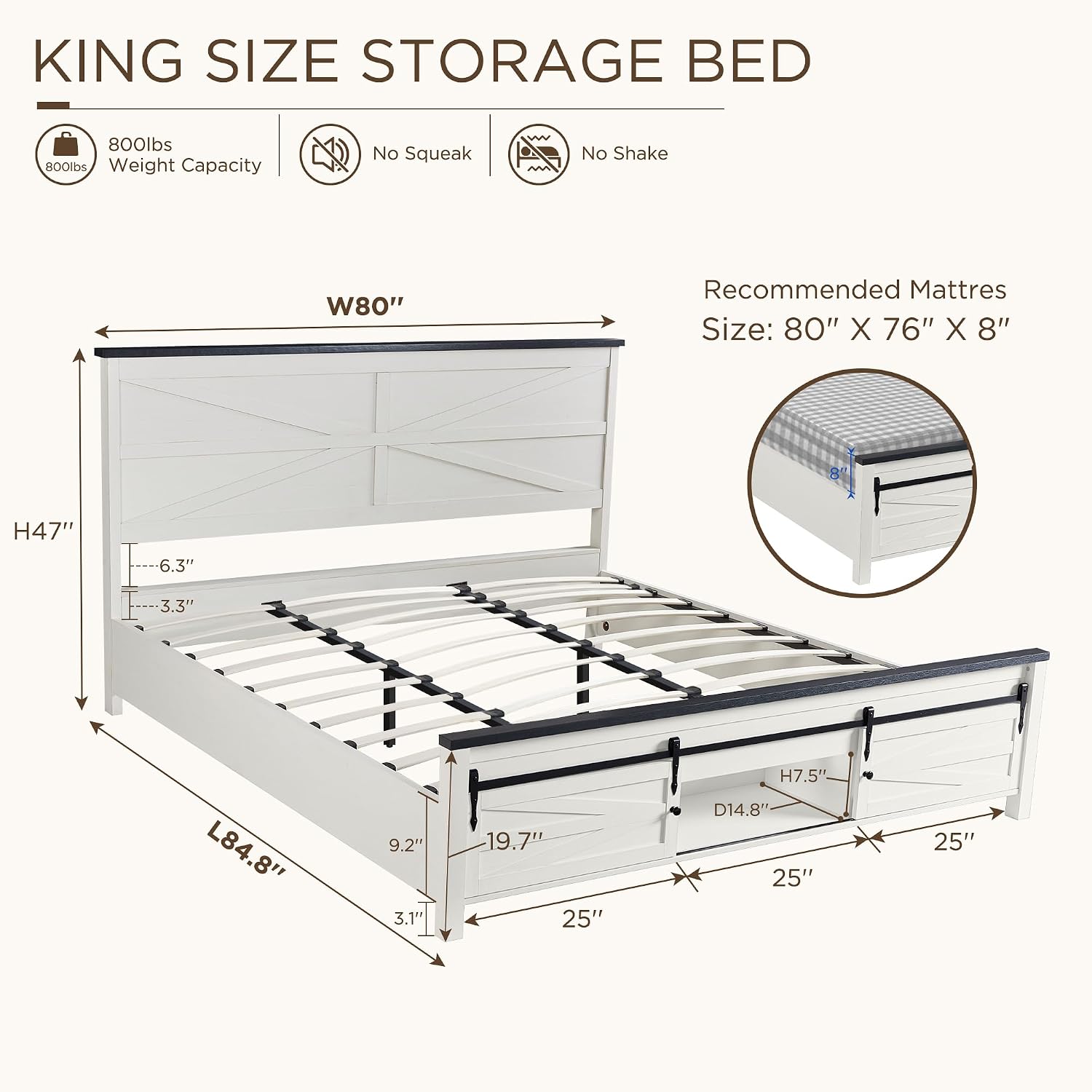 JXQTLINGMU Farmhouse Wood Bed Frame King Size with Sliding Barn Door Storage Cabinets and Headboard, Solid Wood Slats Support, Noiseless, No Box Spring Needed, Antique White