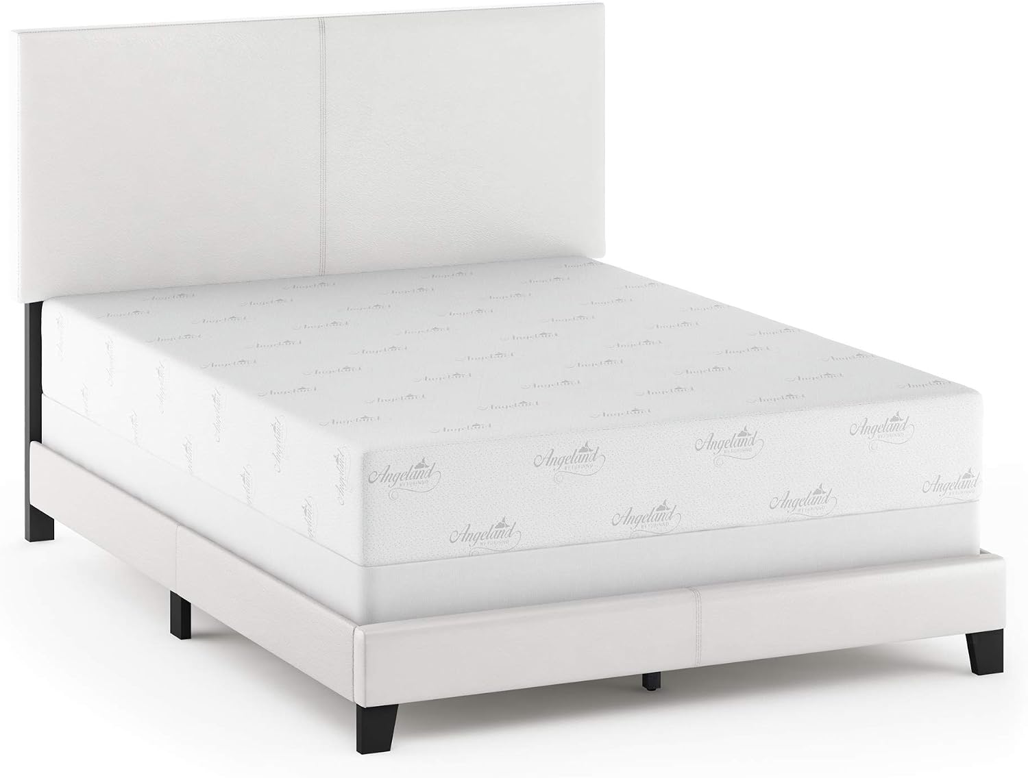FURINNO Pessac PU Leather Upholstered Platform, Queen, White,FB19821QWH