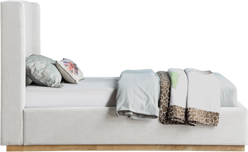 Meridian Furniture FlynnCream-T Flynn Collection Modern | Contemporary Twin Bed with Cream Linen Textured Fabric, Natural Finish Solid Wood Base, Wing Back, 43.5' W x 82.5' D x 52' H, Cream, Twin