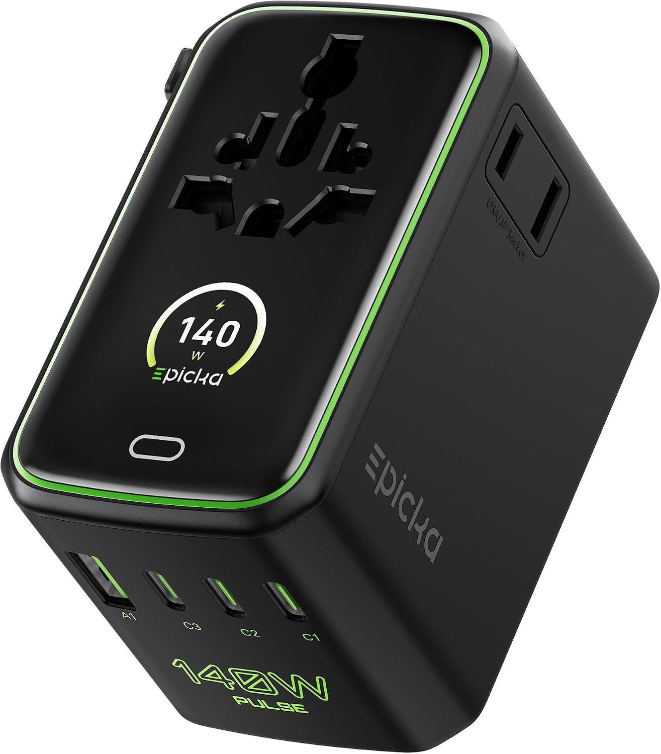 Epicka Pulse Duo 140W Universal Travel Adapter with Smart Display, International Power Adapter with 3.28ft Cable, 2 AC Outlets PD 3.1 PPS Charger Compatible with MacBook, iPhone, Travel Essentials