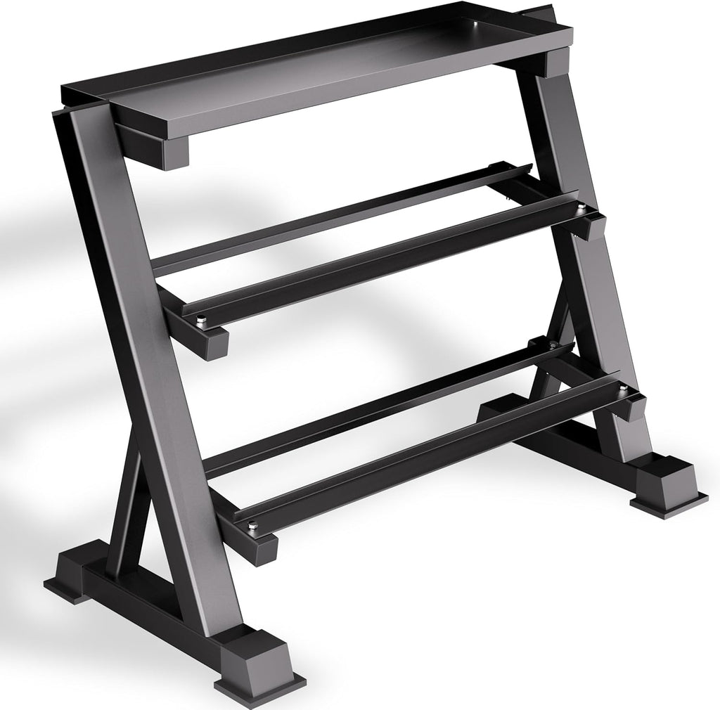 Heavy Duty 3 Tier Dumbbell Rack Stand, 1200LBS Commercial Weight Storage Organizer for Home Gym (Select Frame Type: Kettlebell Flat Tray, All Rails, or Rolling Wheels), Stand Only