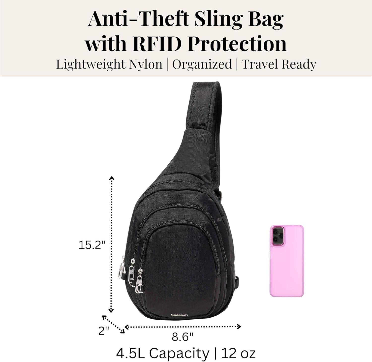 Baggallini Securtex® Anti-Theft Multi Zip Sling - Lightweight 8.6'x15.2' Travel Bag with Locking Zippers & RFID Protection