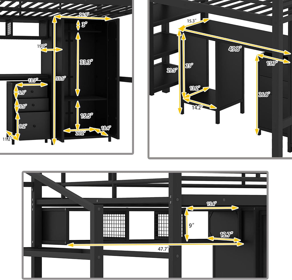 JIVOIT Metal Loft Bed Frame with Table Set, Full Size Storage Loft Bed with Wardrobe and 4-Layers Ladder, Full-Length Guardrails and Metal Slats Support, Space-Saving Bed Frame for Kids Teens