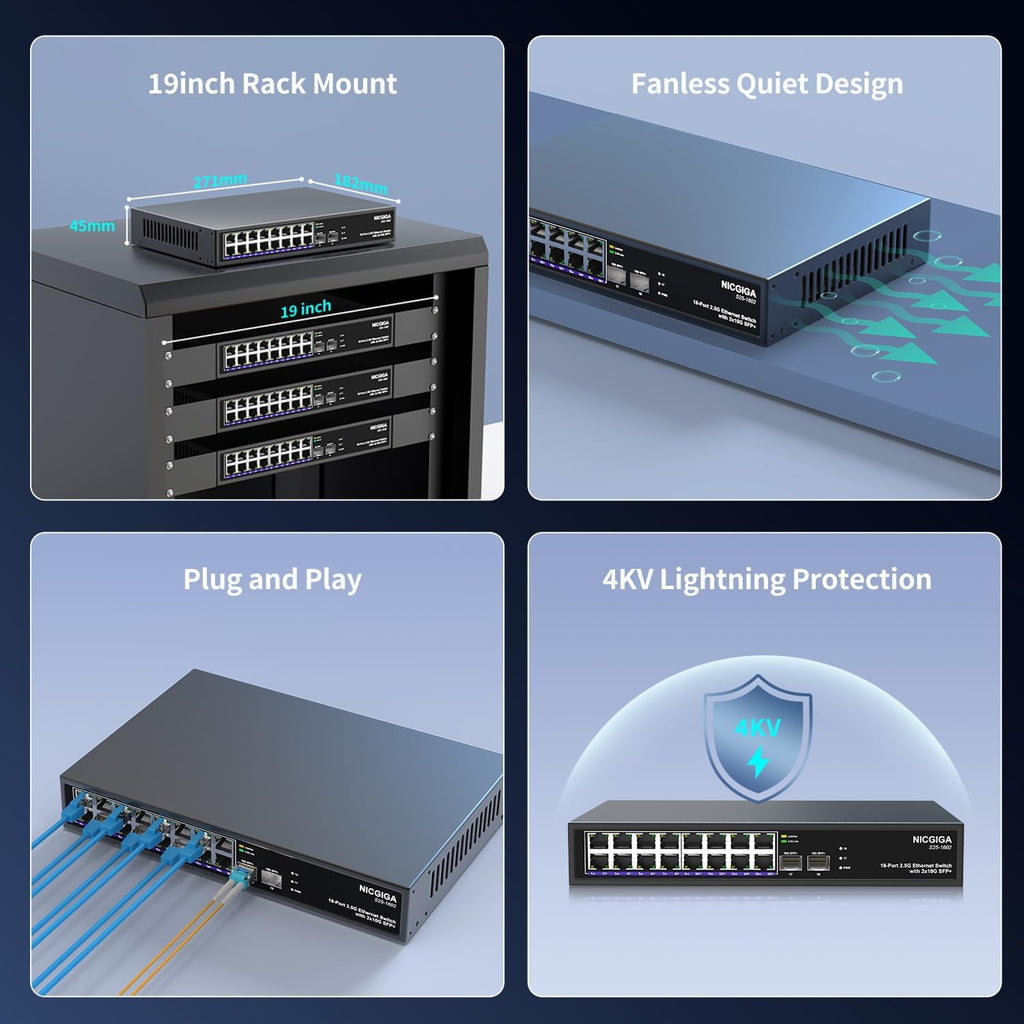 16 Port 2.5G + 2 Port 10G SFP+ Ethernet Switch, NICGIGA 18 Port 2.5Gb Network Switch Unmanaged, Plug & Play, Desktop or 19-inch Rack Mount, Fanless Metal Design.