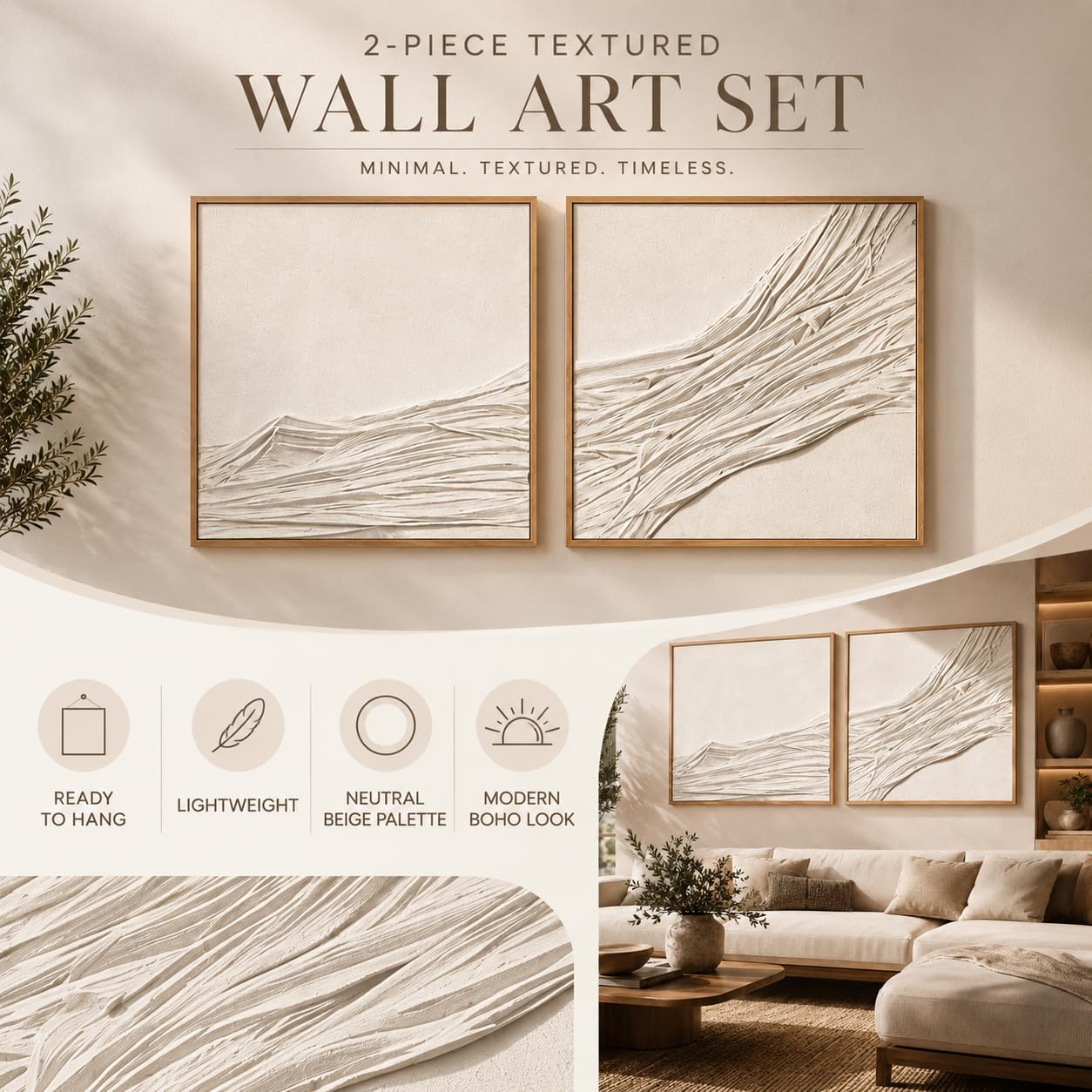 Artists' 3D Textured Wall Art Set of 2, Large Framed Beige Abstract Fabric Wall Decor, Neutral Modern Wall Art for Living Room Bedroom Hallway, 30x30 Inch, 2 Pieces