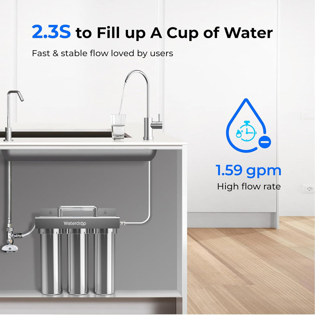 Waterdrop TST-B 0.01 Micron Ultra Filtration Under Sink Water Filter, 3-Stage Stainless Steel Under Sink Water Filtration System with Dedicated Faucet, Removes Chlorine, Taste&Odor (Drilling Required)