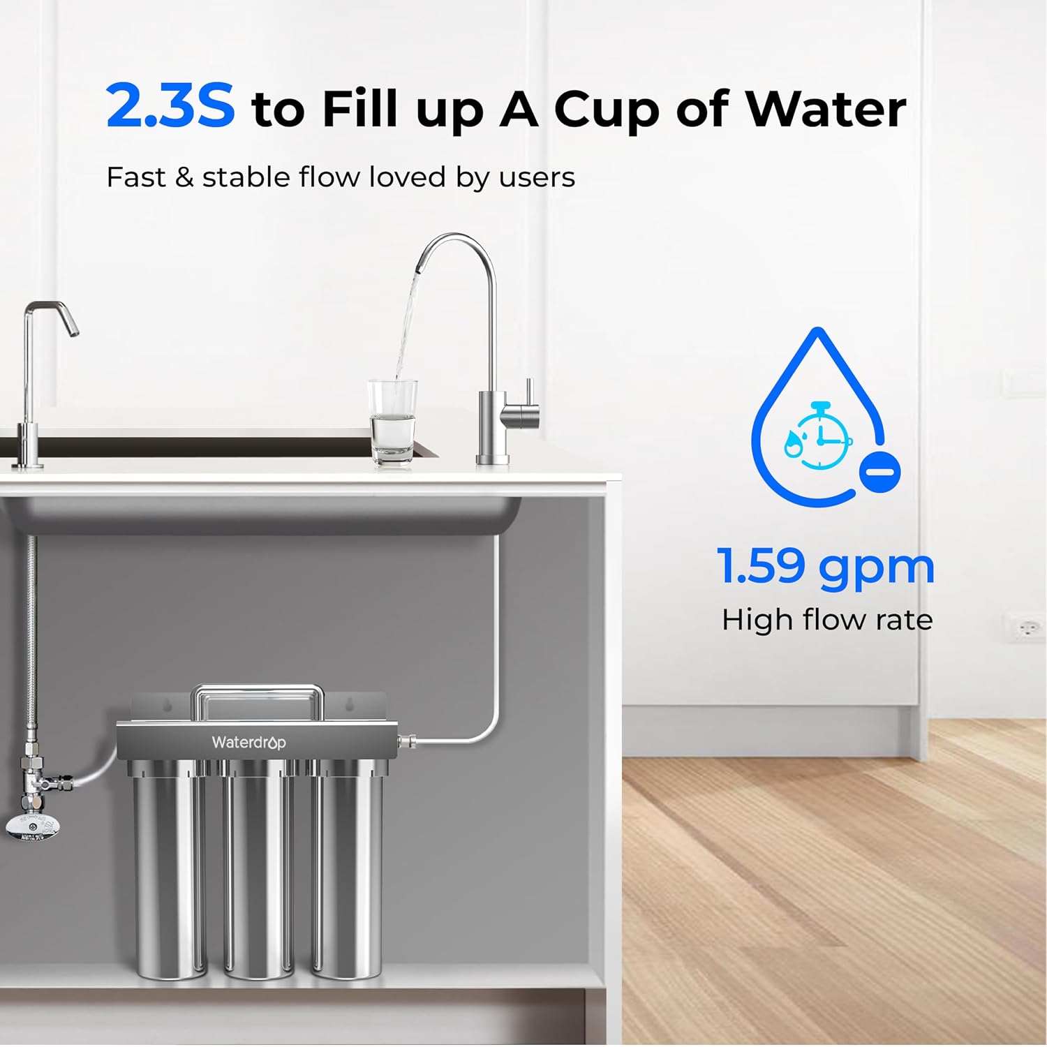 Waterdrop TST-B 0.01 Micron Ultra Filtration Under Sink Water Filter, 3-Stage Stainless Steel Under Sink Water Filtration System with Dedicated Faucet, Removes Chlorine, Taste&Odor (Drilling Required)