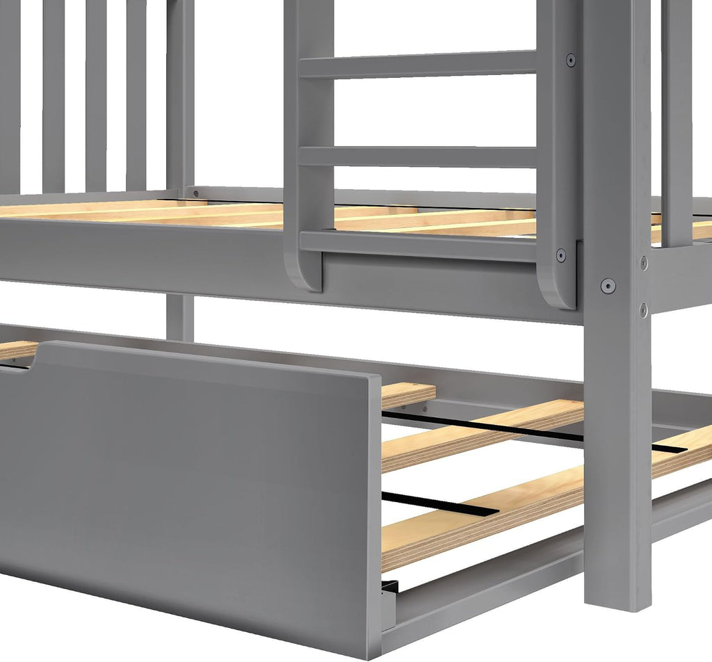 Max & Lily Bunk Bed, Twin-Over-Twin Wood Bed Frame For Kids With Trundle, Grey