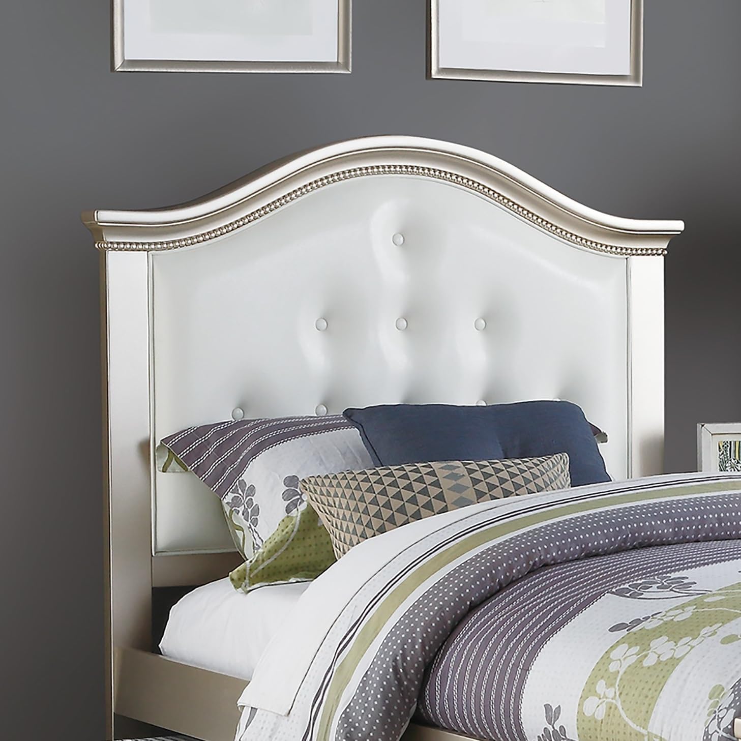 GOWE Contemporary Style Silver Twin Size Bed w/Trundle Slats Pine Plywood Kids Youth Bedroom Furniture White Faux Leather Tufted HB