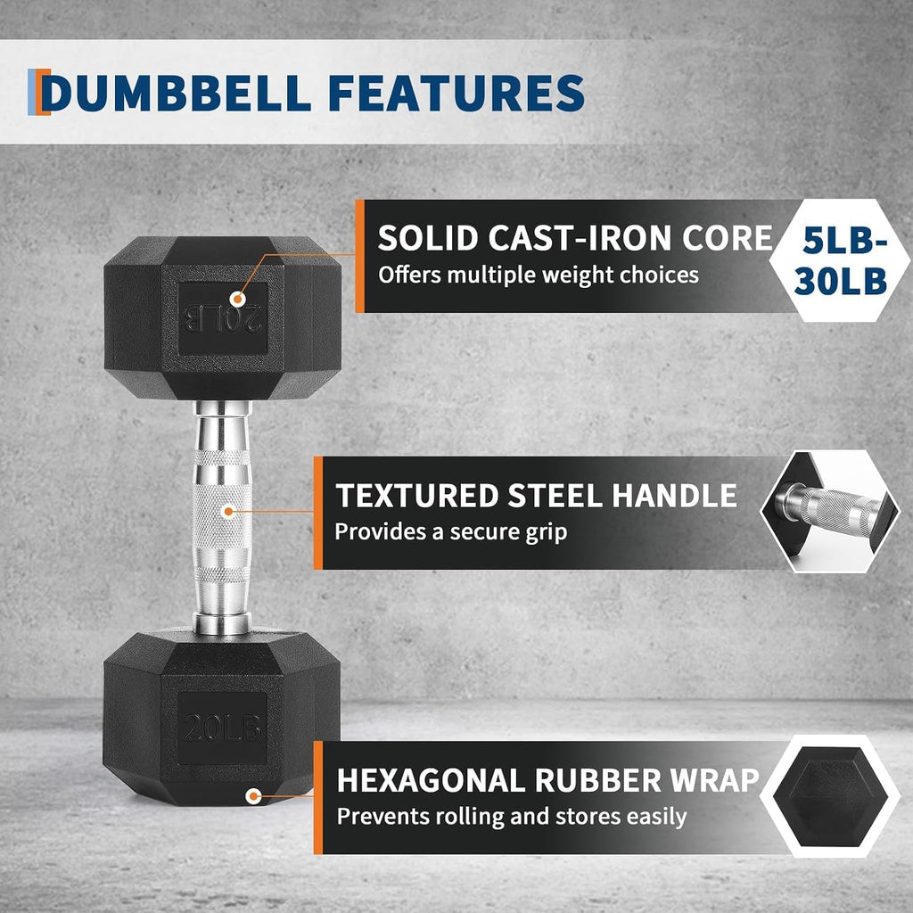 Hex Dumbbell Set Free Weights Rubber & PEV Coated, Non-Slip Anti-Roll Handles, Hand Weights for Strength Training, Home Gym Exercise Equipment for Unisex