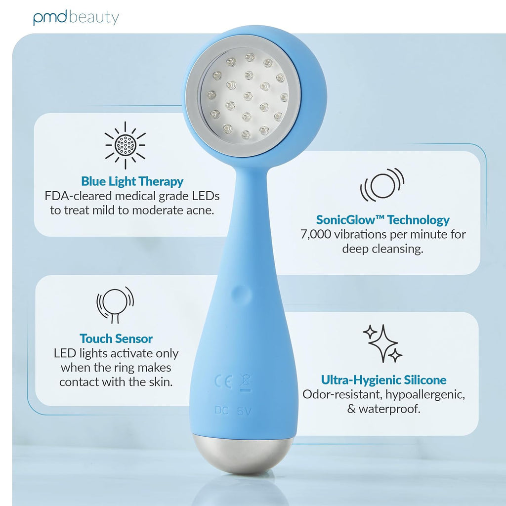 Clean, Acne, and Redvolution - Electric Facial Cleansing Brush, Smart Facial Device with Silicone Brush & Anti-Aging Massager, Red and Blue LED Light