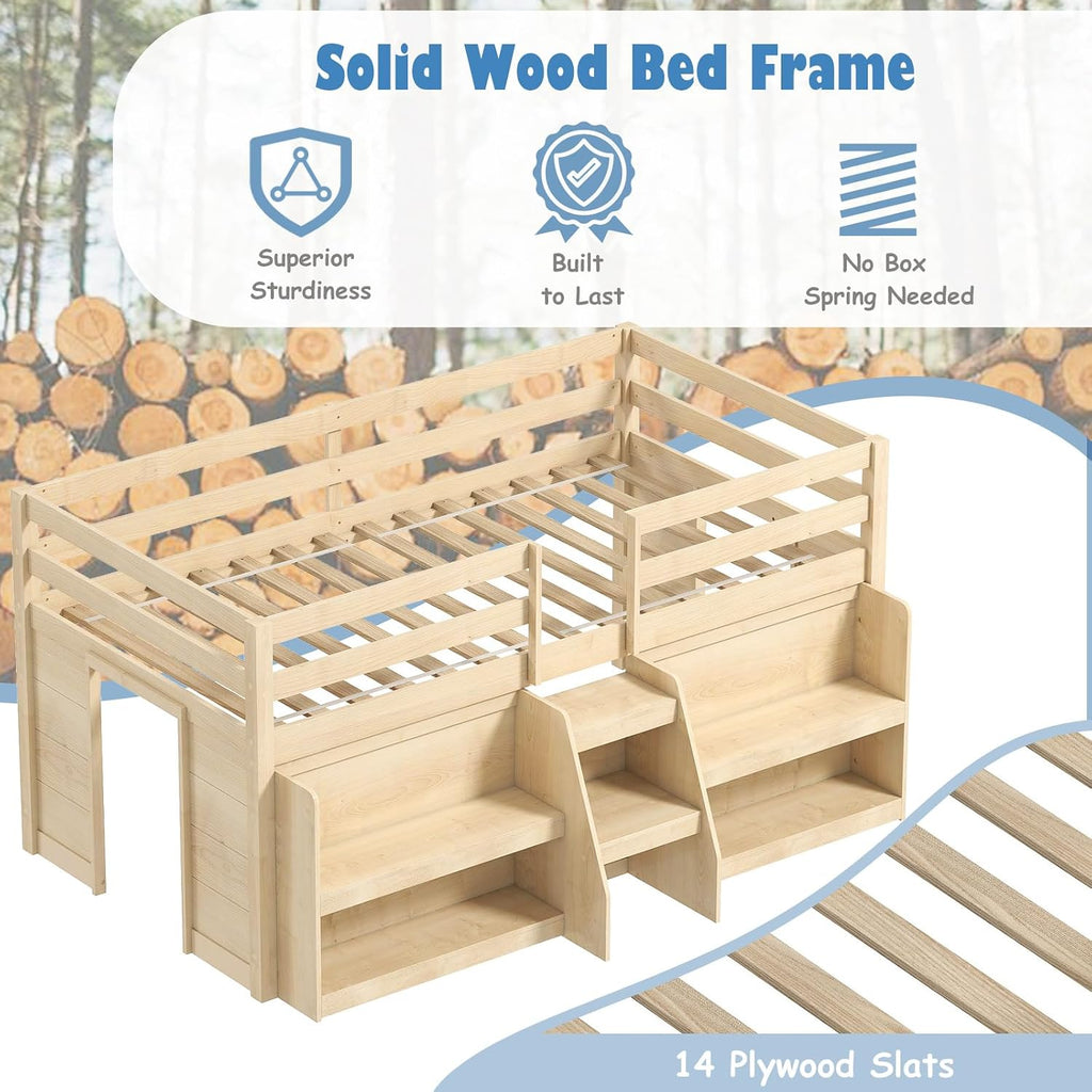 KOMFOTT Low Loft Bed with LED Light and 2 Bookcases, Wood Kids Twin Bed with Under-Bed Play Space, Stairs & Guardrails, Modern Loft Bed for Kids, No Box Spring Needed (Natural)