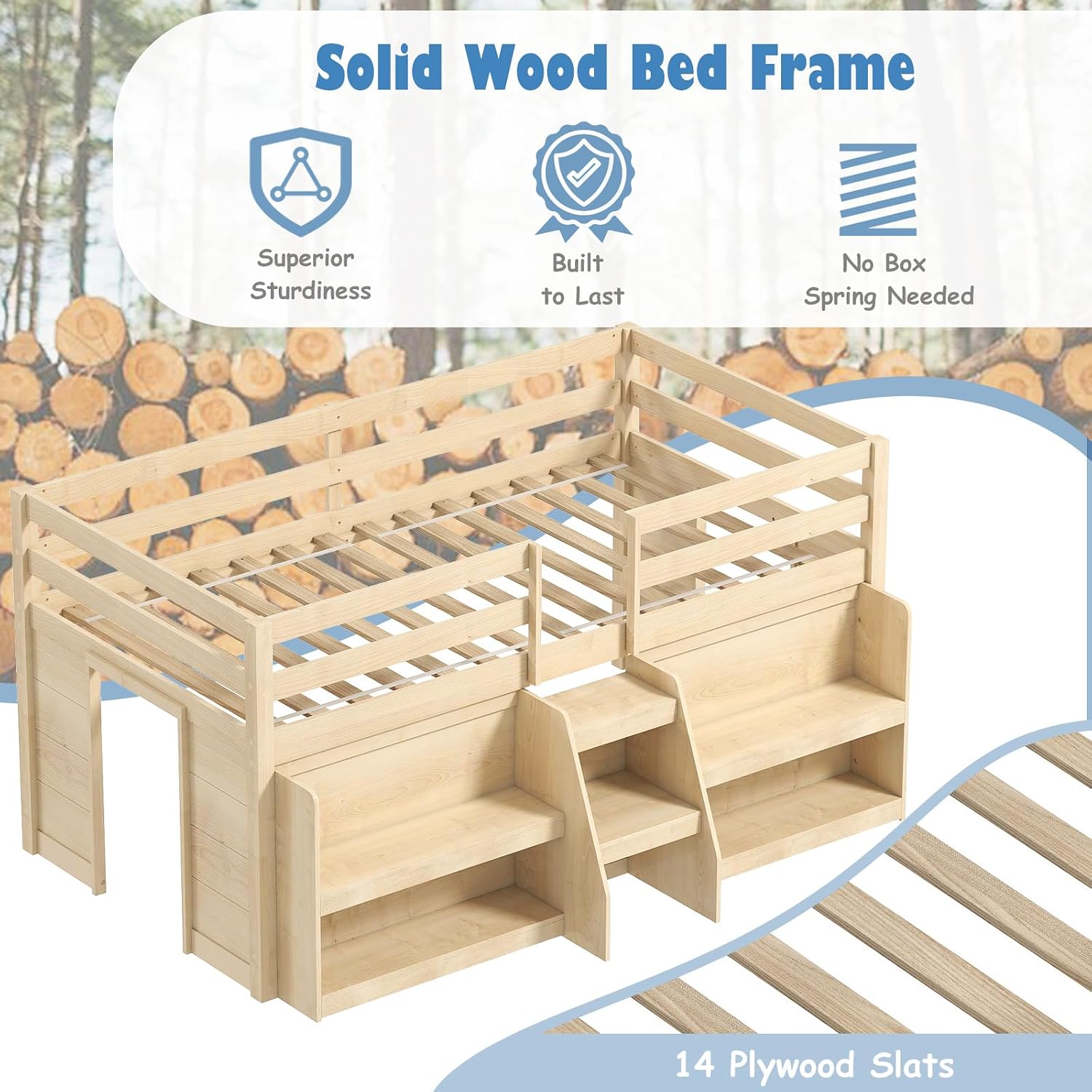 KOMFOTT Low Loft Bed with LED Light and 2 Bookcases, Wood Kids Twin Bed with Under-Bed Play Space, Stairs & Guardrails, Modern Loft Bed for Kids, No Box Spring Needed (Natural)