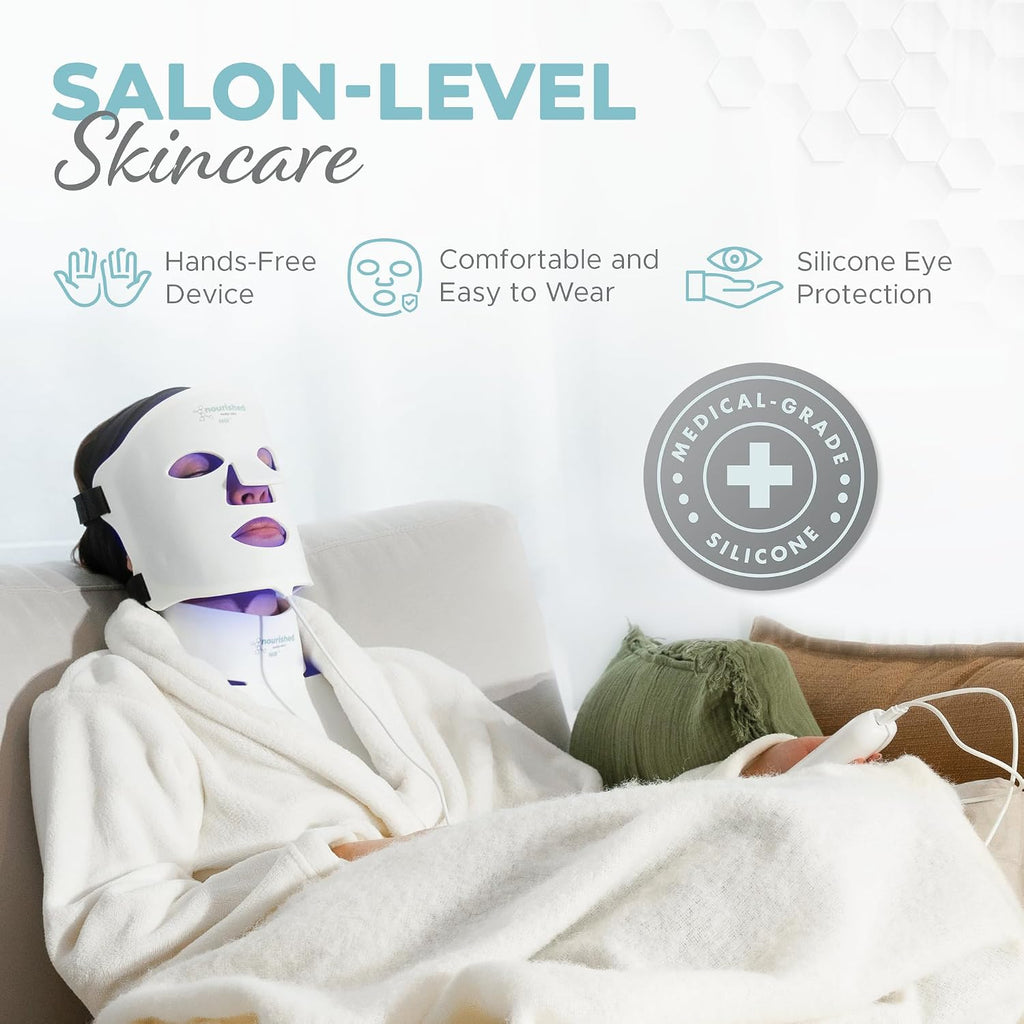 Nourished Bodynskin 7 Colors LED Face and Neck Mask with Near-Infrared - Blue, Red Light Therapy for Face - 912 LEDs - Skincare Tool for Anti-Aging