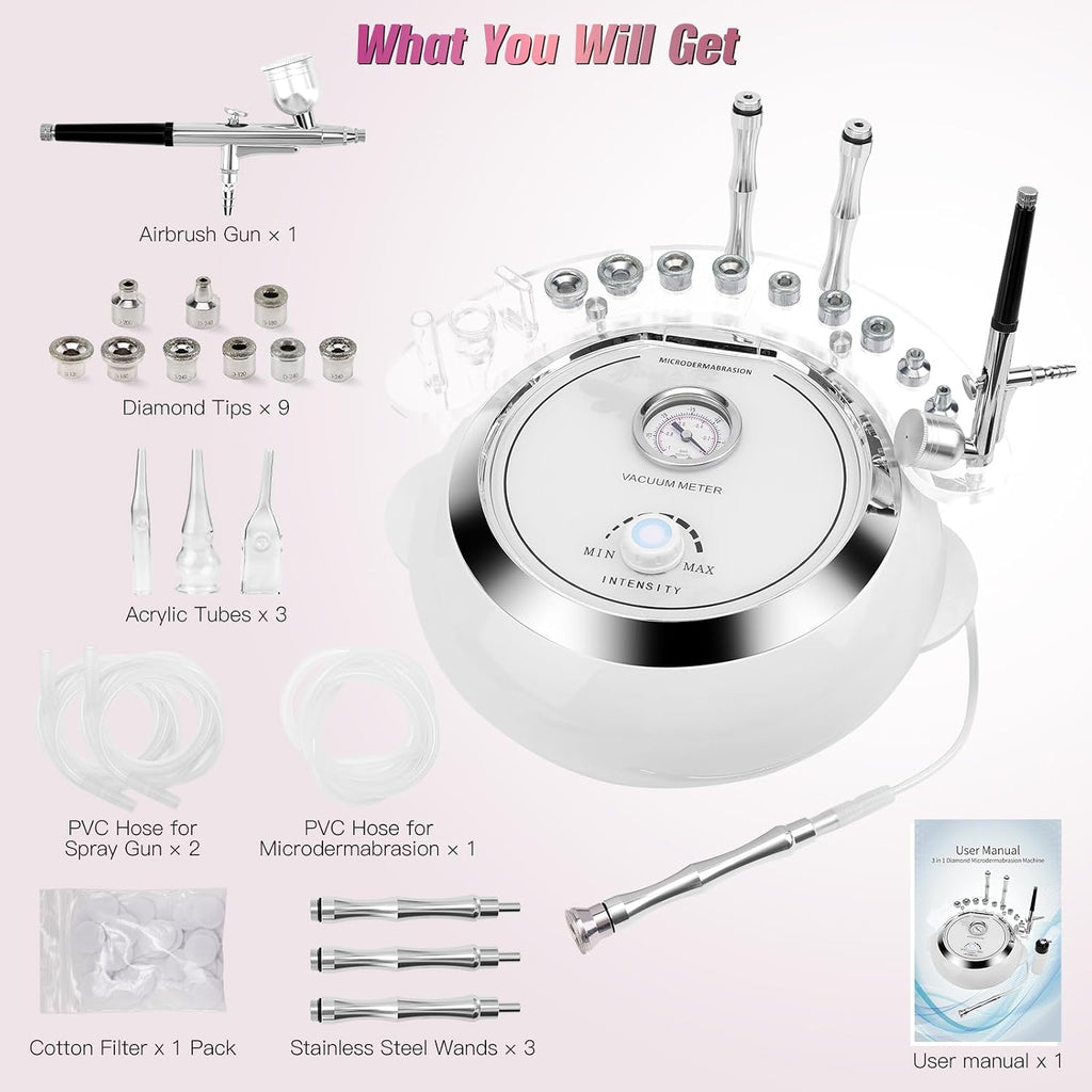 3 in 1 Diamond Machine, TopDirect Facial Skin Care Salon Equipment Beauty Device with Spray Gun (Strong Suction Power: 65-68cmhg)