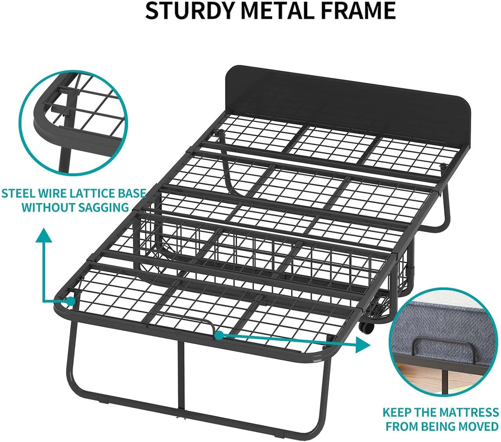 BALUS Folding Bed with Mattress for Adults, 75' x 31' Rollaway Bed with Head Baffle & Mesh Storage Basket, Fold Up Beds for Guests, Foldable Frame with Locking Casters for Easy Moving（Upgrade）