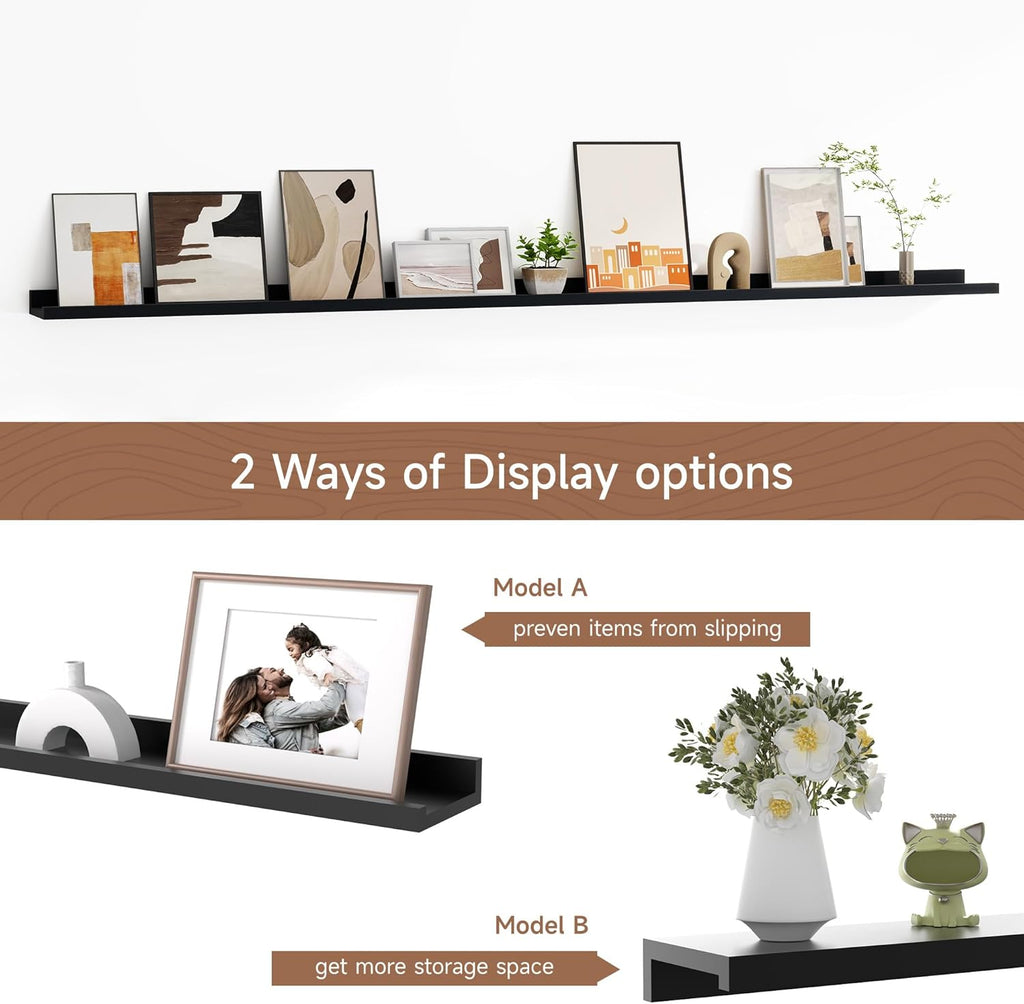 Fun Memories Picture Ledge Shelf, 60 Inch Floating Shelves Set of 2, Large Nursery Book Shelves for Toys Storage, Kids Bookshelf Wall Mounted for Wall Decor Books Photo Frames, Black
