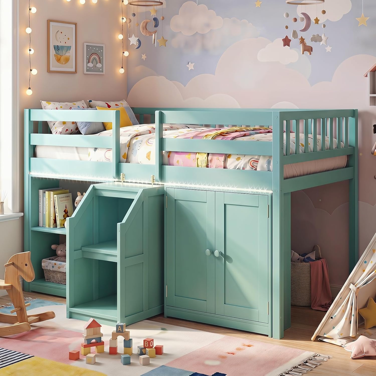 KOMFOTT Low Loft Bed with LED Light, Stairs & Guardrails, Modern Wood Kids Twin Bed with Under-Bed Space, Storage Cabinet and Shelves, Space-Saving Twin Loft Bed for Kids, No Box Spring Needed (Green)