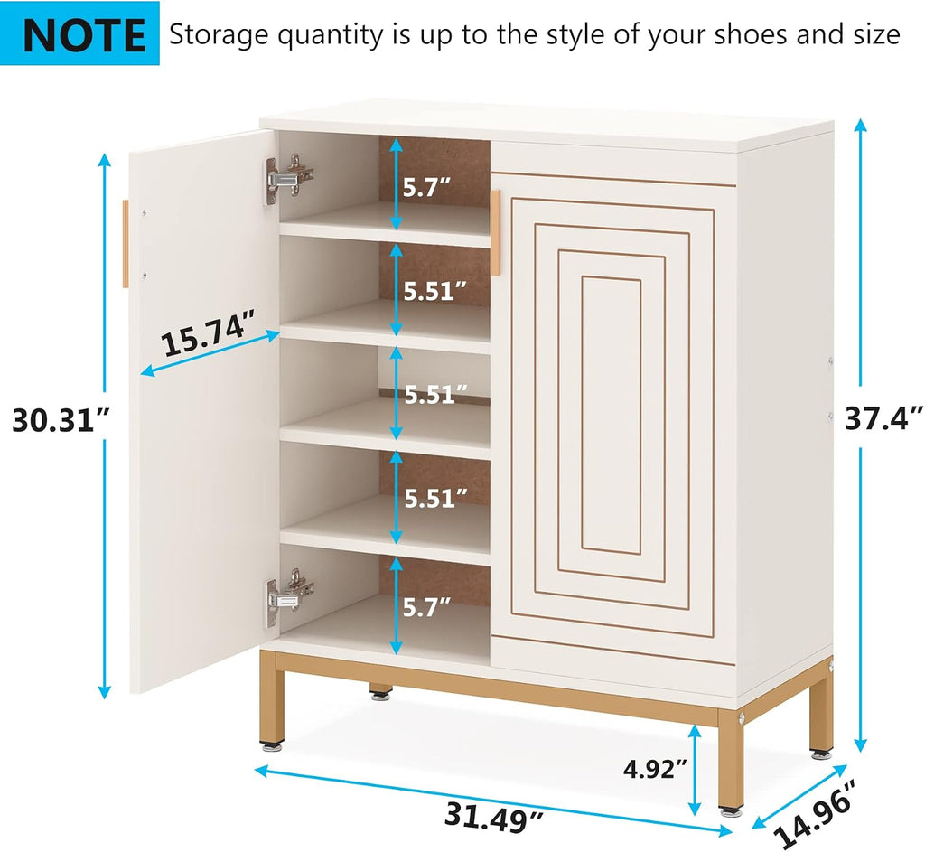 Tribesigns Shoe Cabinet with Doors, 20 Pairs Entryway Shoe Storage Cabinet with Shelves, 5-Tier Modern Free Standing Shoe Racks Storage Organizer for Closet, Living Room, Bedroom (White/Gold)