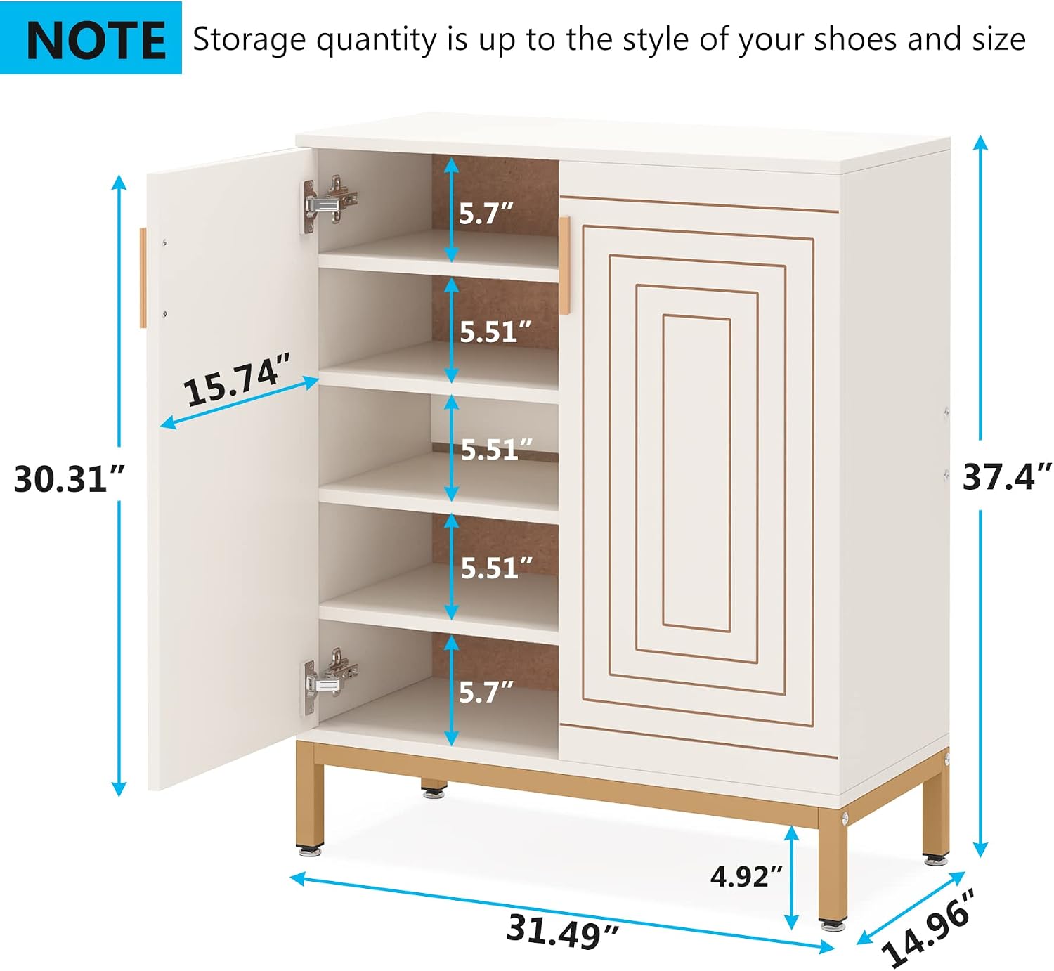 Tribesigns Shoe Cabinet with Doors, 20 Pairs Entryway Shoe Storage Cabinet with Shelves, 5-Tier Modern Free Standing Shoe Racks Storage Organizer for Closet, Living Room, Bedroom (White/Gold)