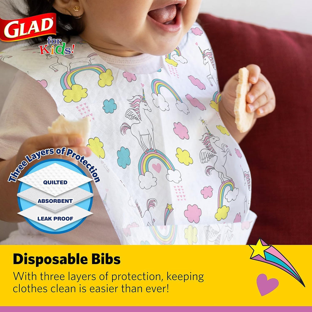 Glad for Kids Unicorn Disposable Paper Bibs with Crumb Catcher, Absorbent Leakproof Bibs for Toddlers and Babies, Mess Free Feeding, Crafts, Parties, and Travel Use, 30 Count - 24 Pack
