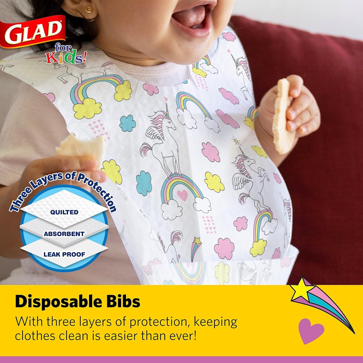 Glad for Kids Unicorn Disposable Paper Bibs with Crumb Catcher, Absorbent Leakproof Bibs for Toddlers and Babies, Mess Free Feeding, Crafts, Parties, and Travel Use, 30 Count - 24 Pack