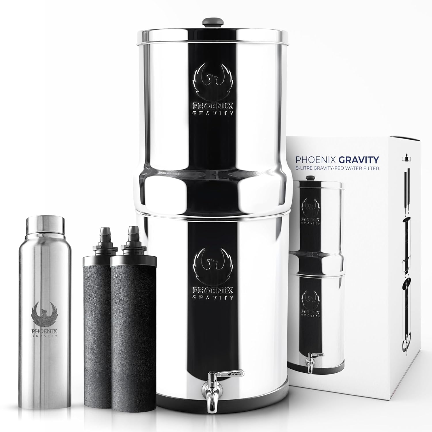 2.25 G Gravity Water Filter System | Dual Carbon Filtration | NSF/ANSI 42 & 372 Certified | Removes 99.9% Lead, PFAS, Chlorine & 200+ Contaminants | Countertop Stainless Steel Water Filter | Portable