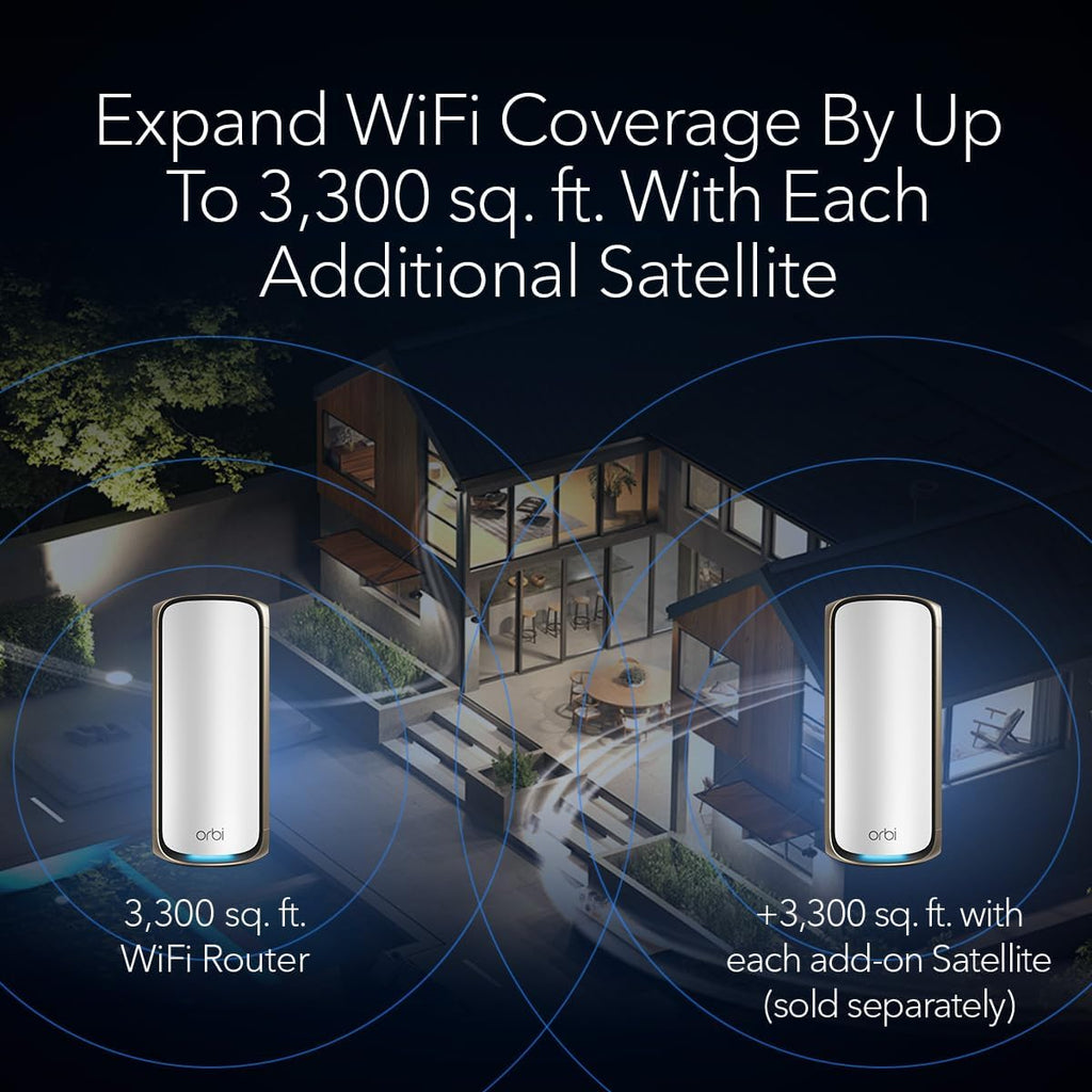NETGEAR Orbi 970 Series (RBE970) Quad-Band WiFi 7 Mesh Add-on Satellite - Works with Existing 970 S (973/972/971S), Security Features, Covers up to 3,300 sq. ft., BE27000 802.11be