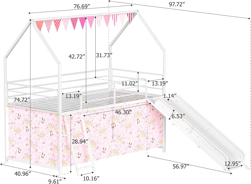 White and Pink Metal Twin Loft Bed with Slide and Curtain Set 76.7' L x 97.8' W x 74.7' H for Kids