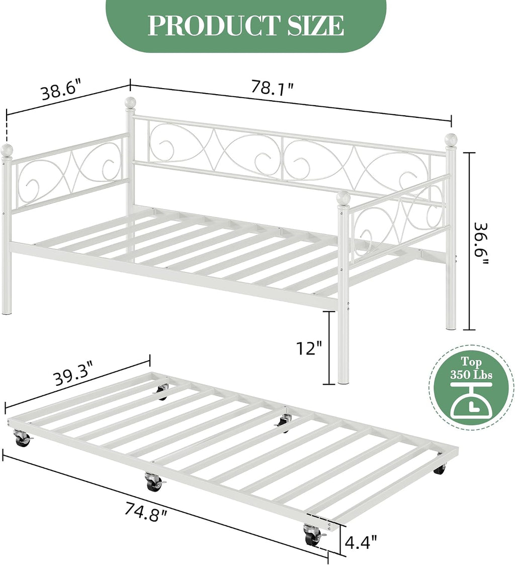 Heavy Duty Twin Daybed with Trundle, Metal Sofa Bed Frame with Floral Headboard & Slats, No Box Spring Needed, Multifunctional Platform Bed for Guest Room, Bedroom,White