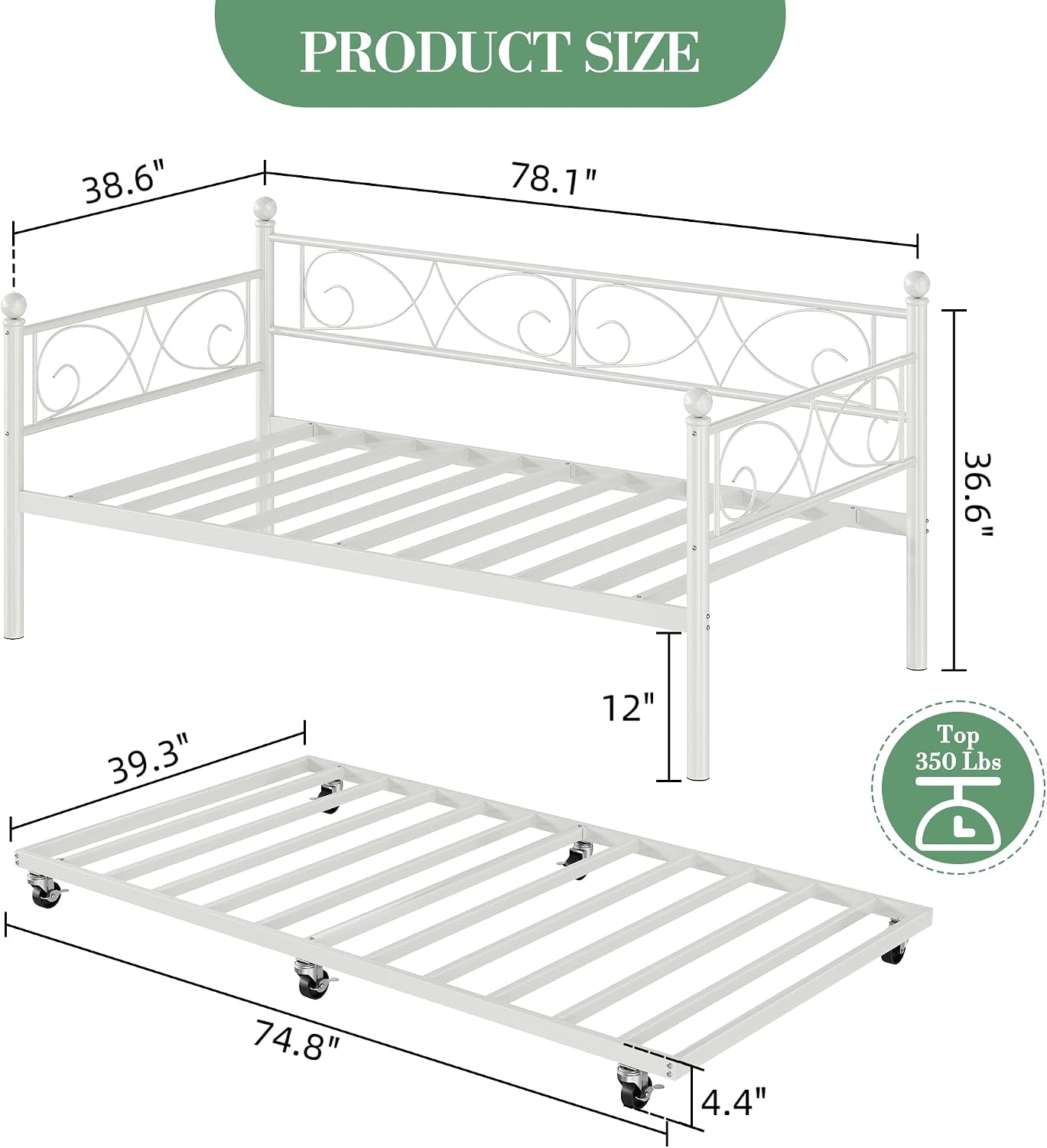 Heavy Duty Twin Daybed with Trundle, Metal Sofa Bed Frame with Floral Headboard & Slats, No Box Spring Needed, Multifunctional Platform Bed for Guest Room, Bedroom,White