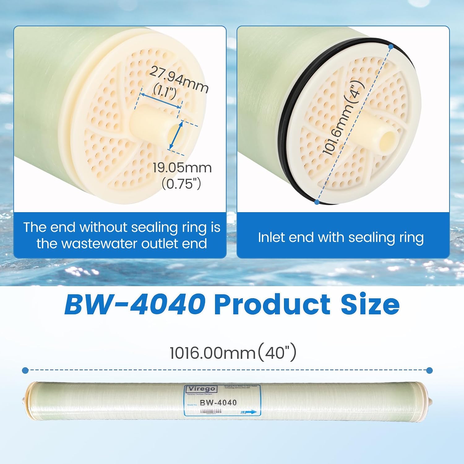 BW-4040, 4' x 40' RO Membrane for Desalination of Brackish Water, 99.5% Desalination Rate, 2400 GPD, 2000-5000PPM, BW-4040 Reverse Osmosis Membrane for Groundwater, Municipal, NSF Certified
