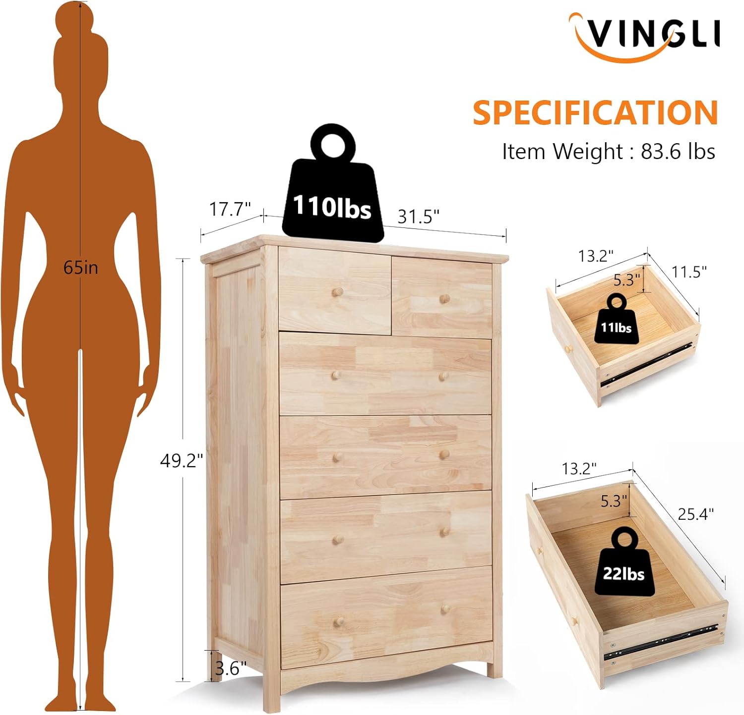 VINGLI Unfinished Natural Solid Wood 6 Drawer Dresser for Bedroom, Farmhouse Dressers & Chests of Drawers Color DIY Rubber Wood Tall Dresser with Full Extension Drawer Slides & Wood Knobs Rustic Style
