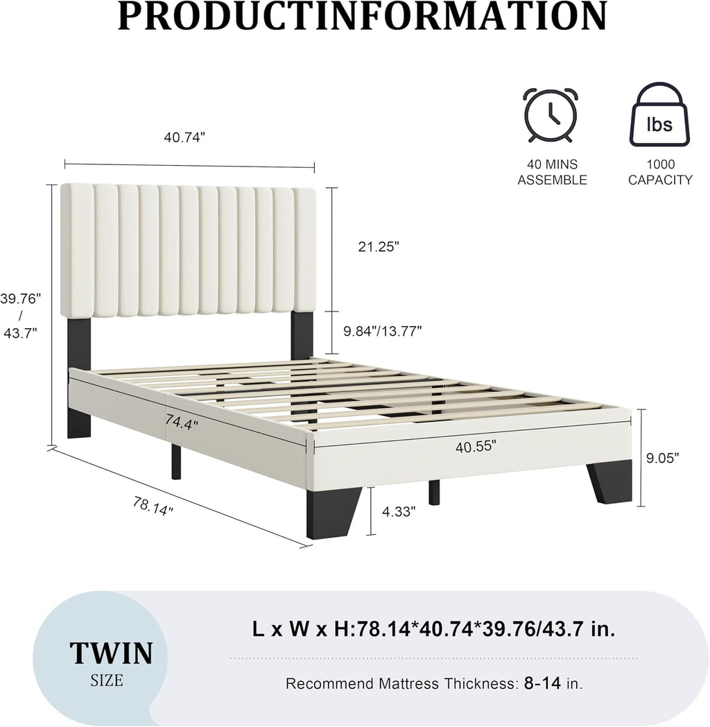 Twin Bed Frame, Velvet Upholstered Platform Bed Frame with Adjustable Headboard, Vertical Quilted Design, Sturdy Slatted Mattress Base, Easy to Assemble, White