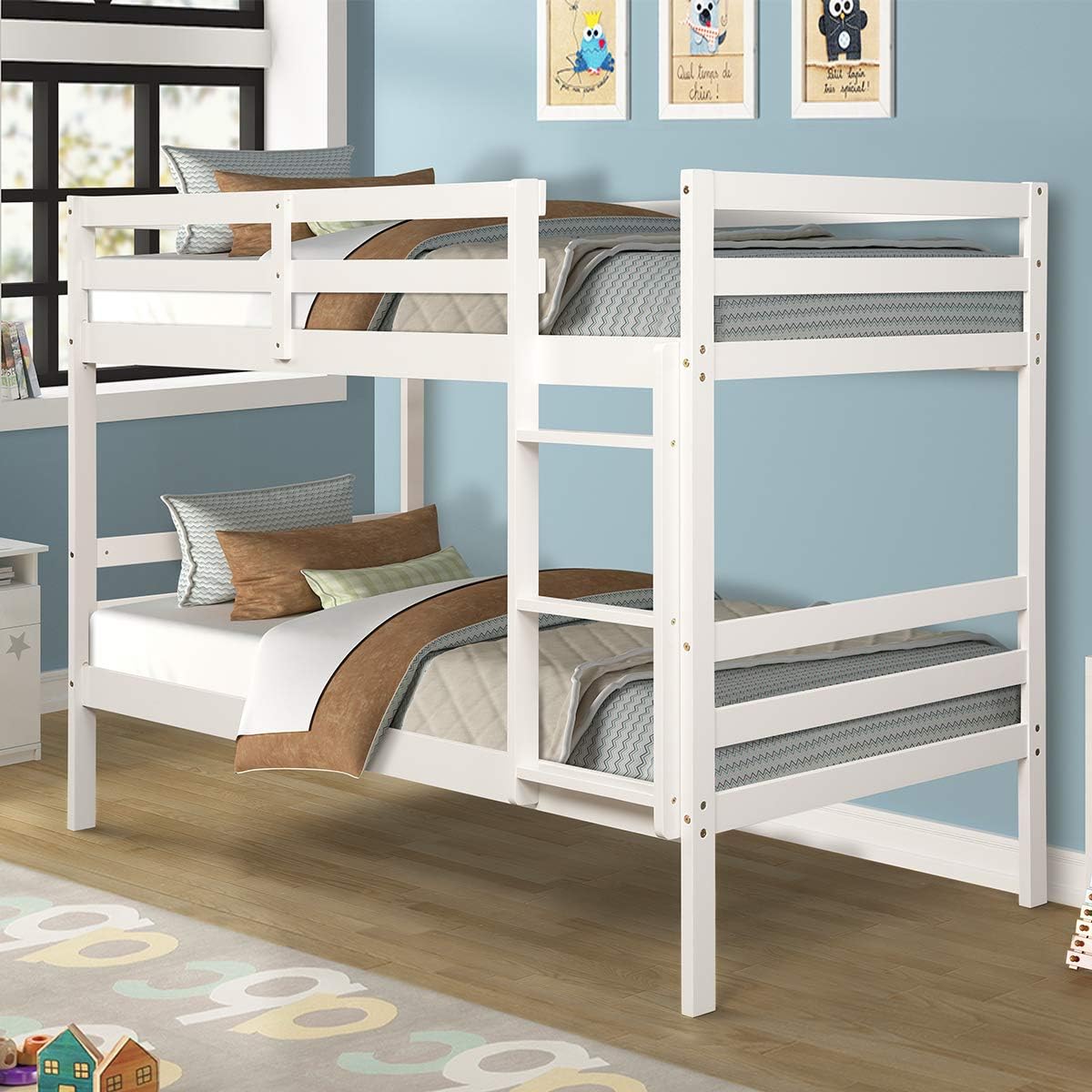 Costzon Twin Over Twin Bunk Beds, Wood Convertible Two Beds, Solid Rubberwood Bunk Bed with 1 Pcs Built-in Ladder and Safety Rails, No Box Spring Needed, Space Saving Bed Frame for Bedroom (White)