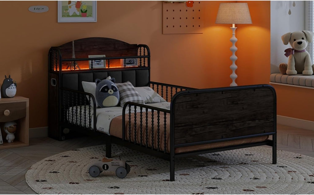 Modern Upholstered Platform Bed Frame with App Controlled LED Lights Storage Headboard Full Length Guardrails Low Profile Design Metal Structure for Bedroom (Black+Storage Shelves,Twin)
