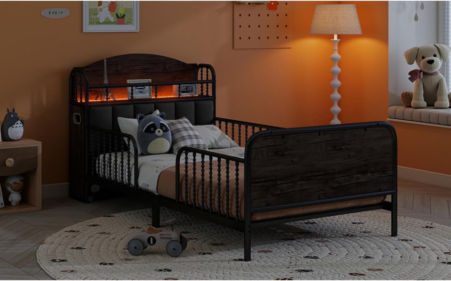 Modern Upholstered Platform Bed Frame with App Controlled LED Lights Storage Headboard Full Length Guardrails Low Profile Design Metal Structure for Bedroom (Black+Storage Shelves,Twin)