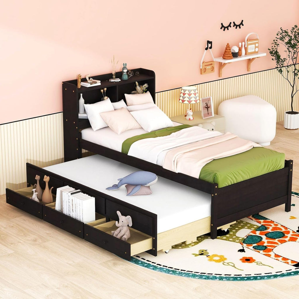 KEVINSPACE LED Bed Frame Twin Captains Bed Storage Daybed with Trundle Set, USB,Type-C Ports,LED Light Bed, Twin Size Beds Wooden Platform Bed with 3 Drawers and Bookcase Headboard Bedroom Espresso