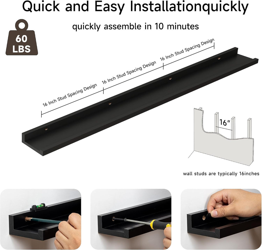 Fun Memories Picture Ledge Shelf, 60 Inch Floating Shelves Set of 2, Large Nursery Book Shelves for Toys Storage, Kids Bookshelf Wall Mounted for Wall Decor Books Photo Frames, Black