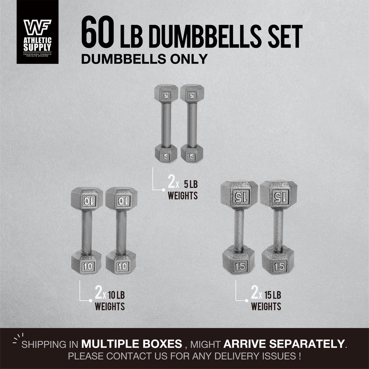 WF Athletic Supply Cast Iron Dumbbell Set, Solid Hexagon Grey Dumbbell Set, Strength Training Free Weights for Women & Men