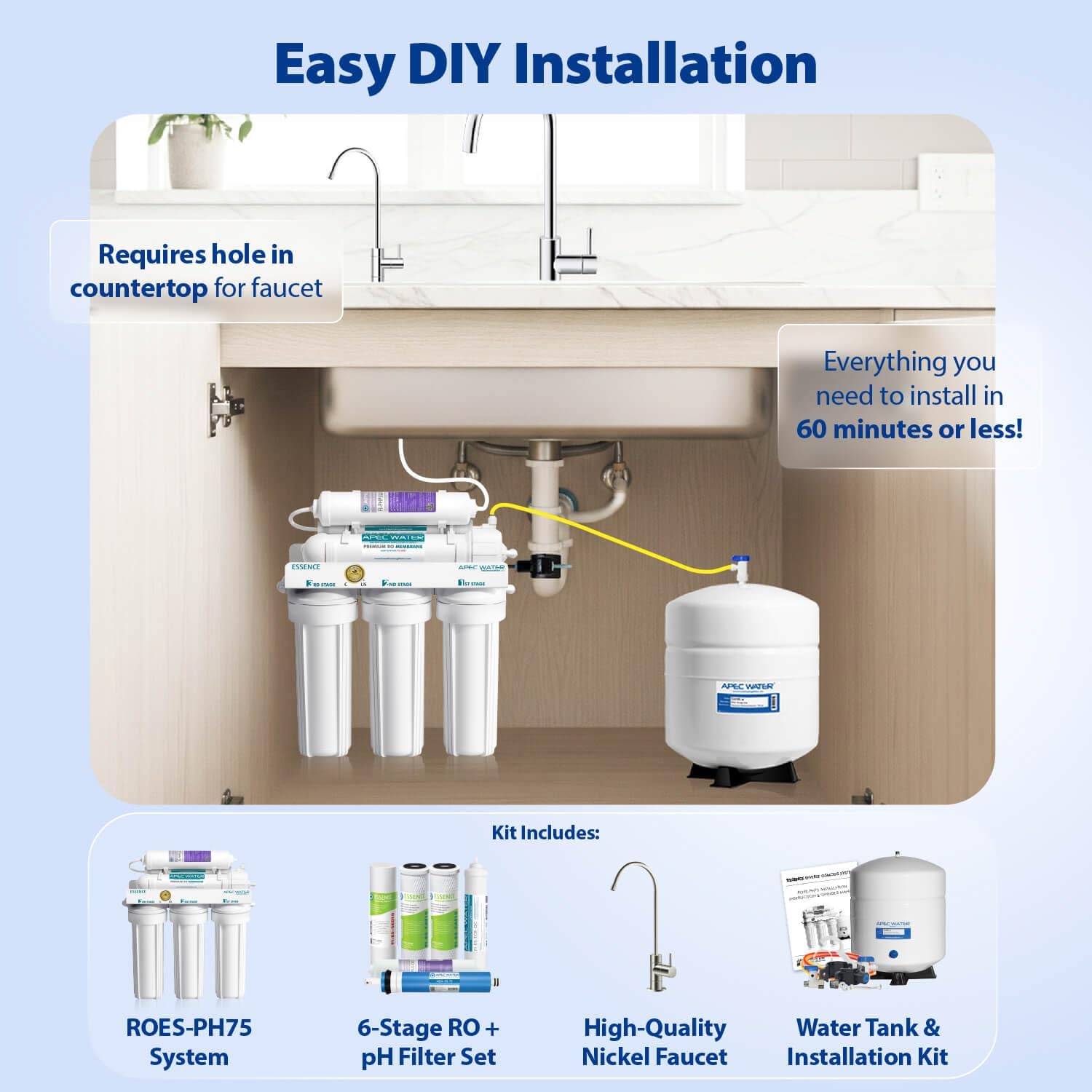 APEC Water ROES-PH75, 6-Stage Alkaline Under Sink Reverse Osmosis Water Filter System, NSF Certified 372 & 58, 75 GPD, Reduces 99% of Impurities