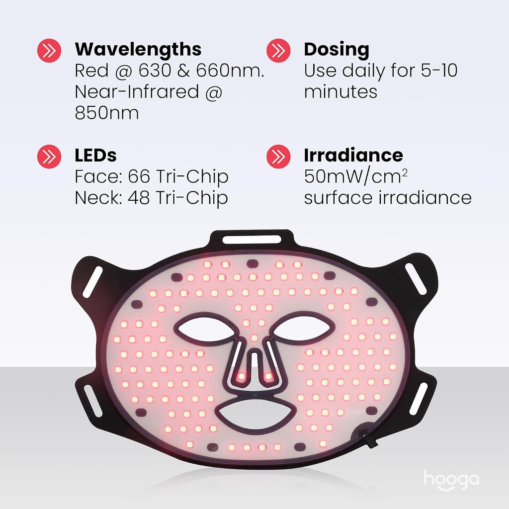 Hooga Red Light Therapy Mask – LED Face & Neck Light Therapy Mask Set, 630nm 660nm Red & 850nm Near Infrared, Tri Chip LEDs, Rechargeable, Adjustable Comfortable Fit